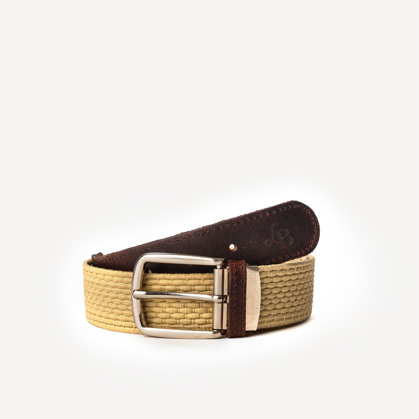Ceinture tressee beige en tissu et cuir Axel