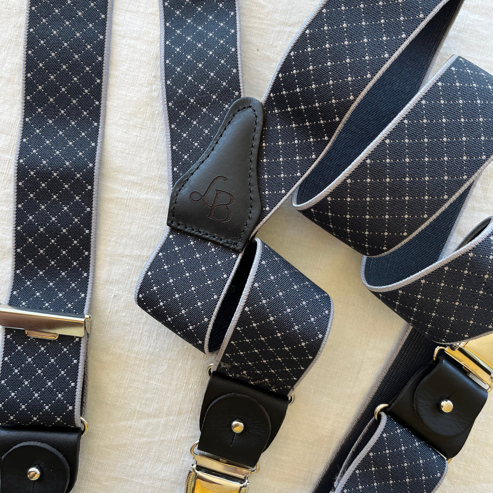 Bretelles homme bleu anthracite quadrille patte cuir Justin ensemble
