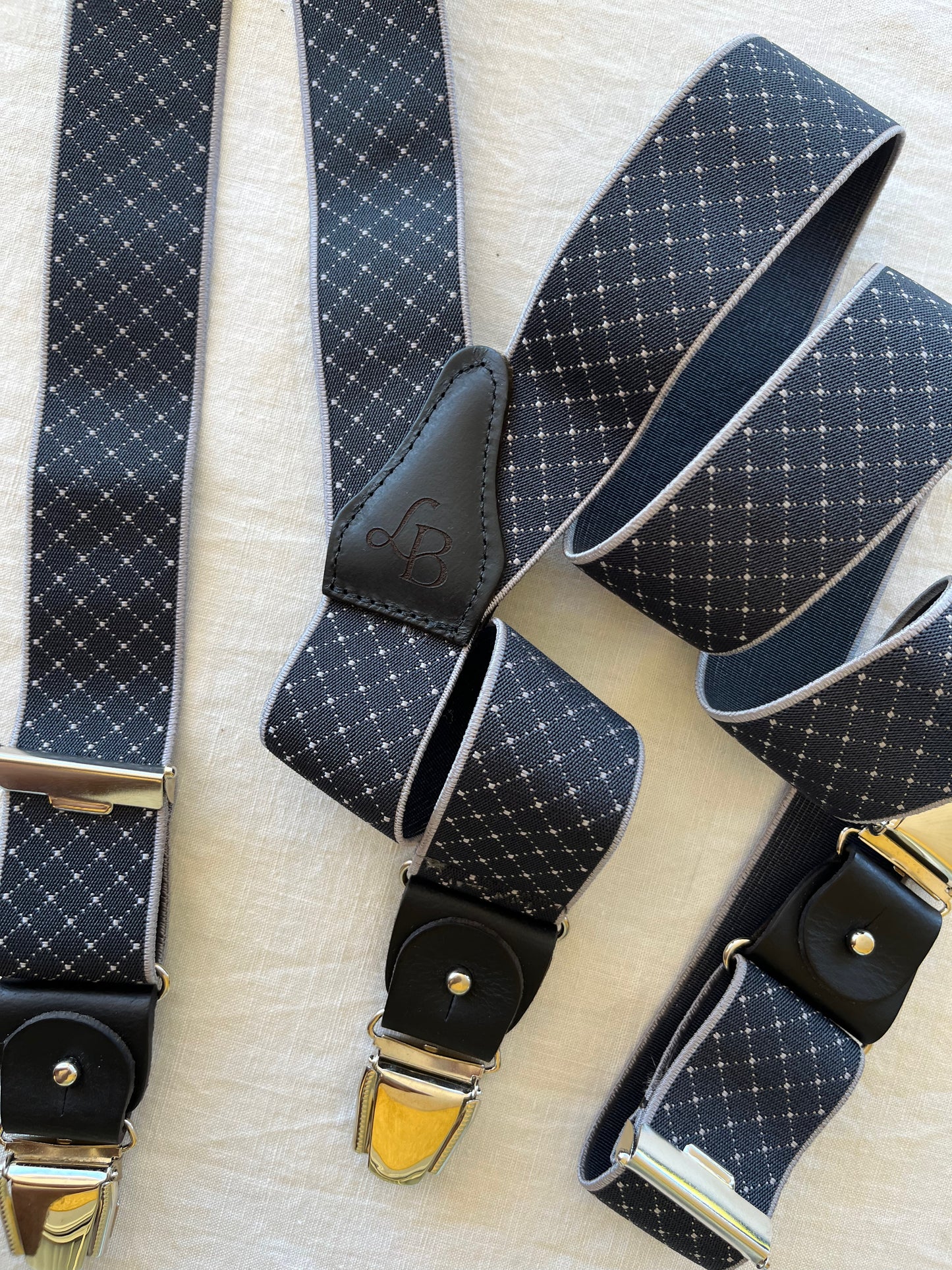 Bretelles homme bleu anthracite quadrille patte cuir Justin ensemble