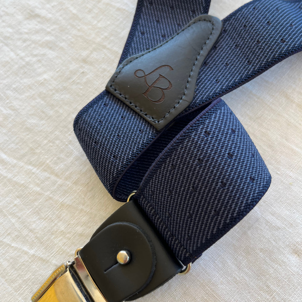 
                  
                    Bretelles homme patte cuir bleu marine pois Gustave bande
                  
                