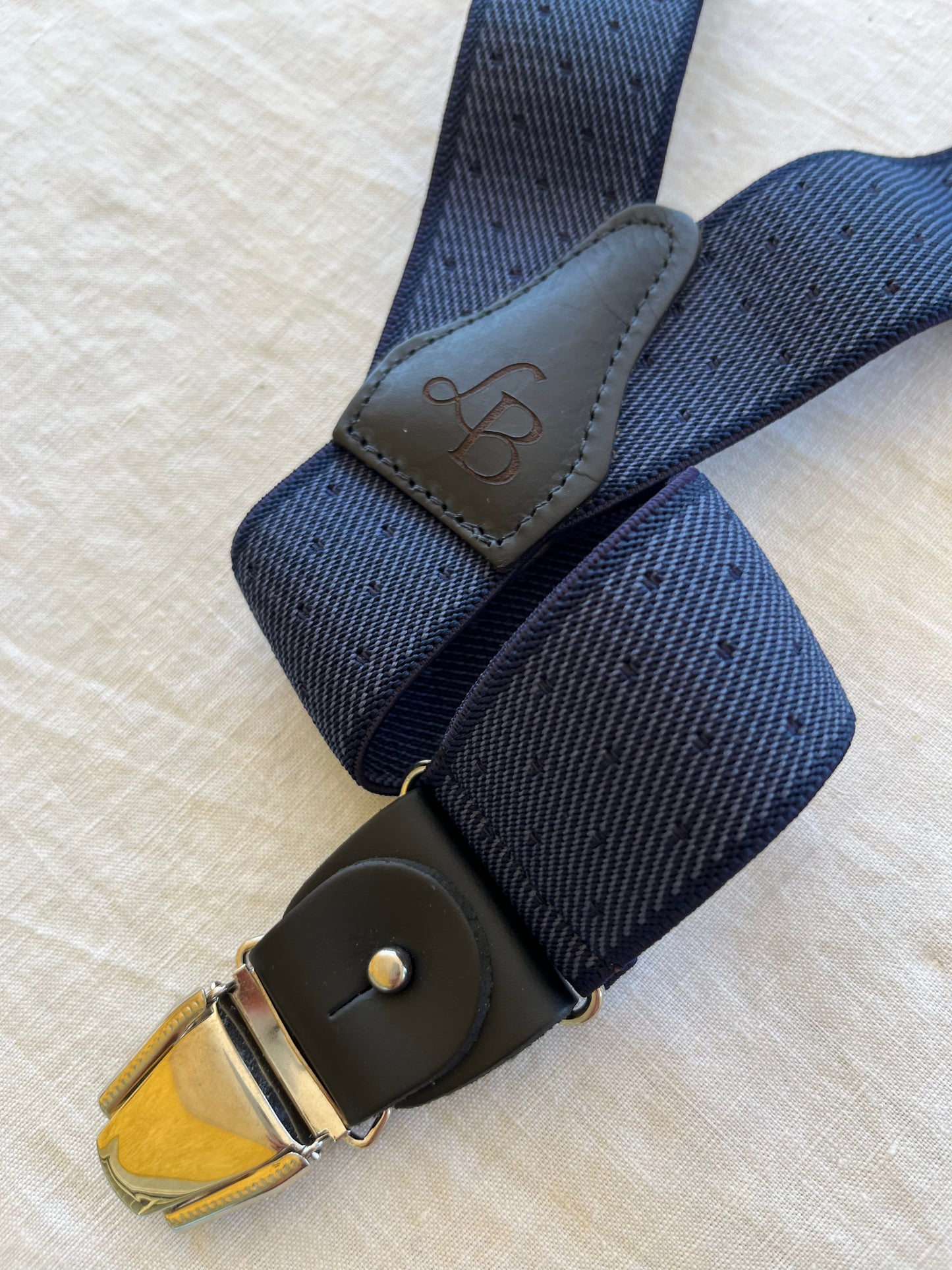 Bretelles homme patte cuir bleu marine pois Gustave bande