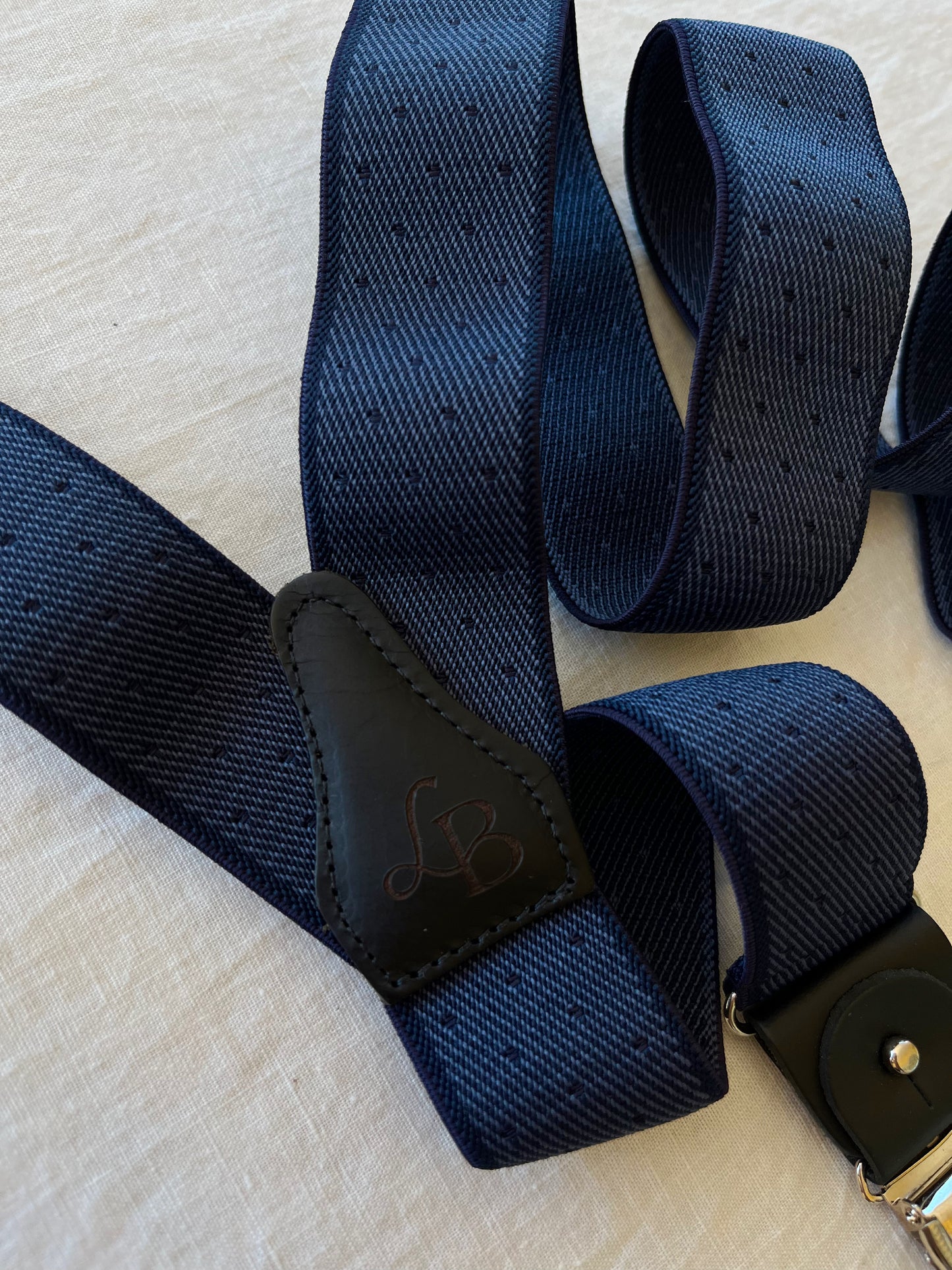 Bretelles homme patte cuir bleu marine pois Gustave dos cuir