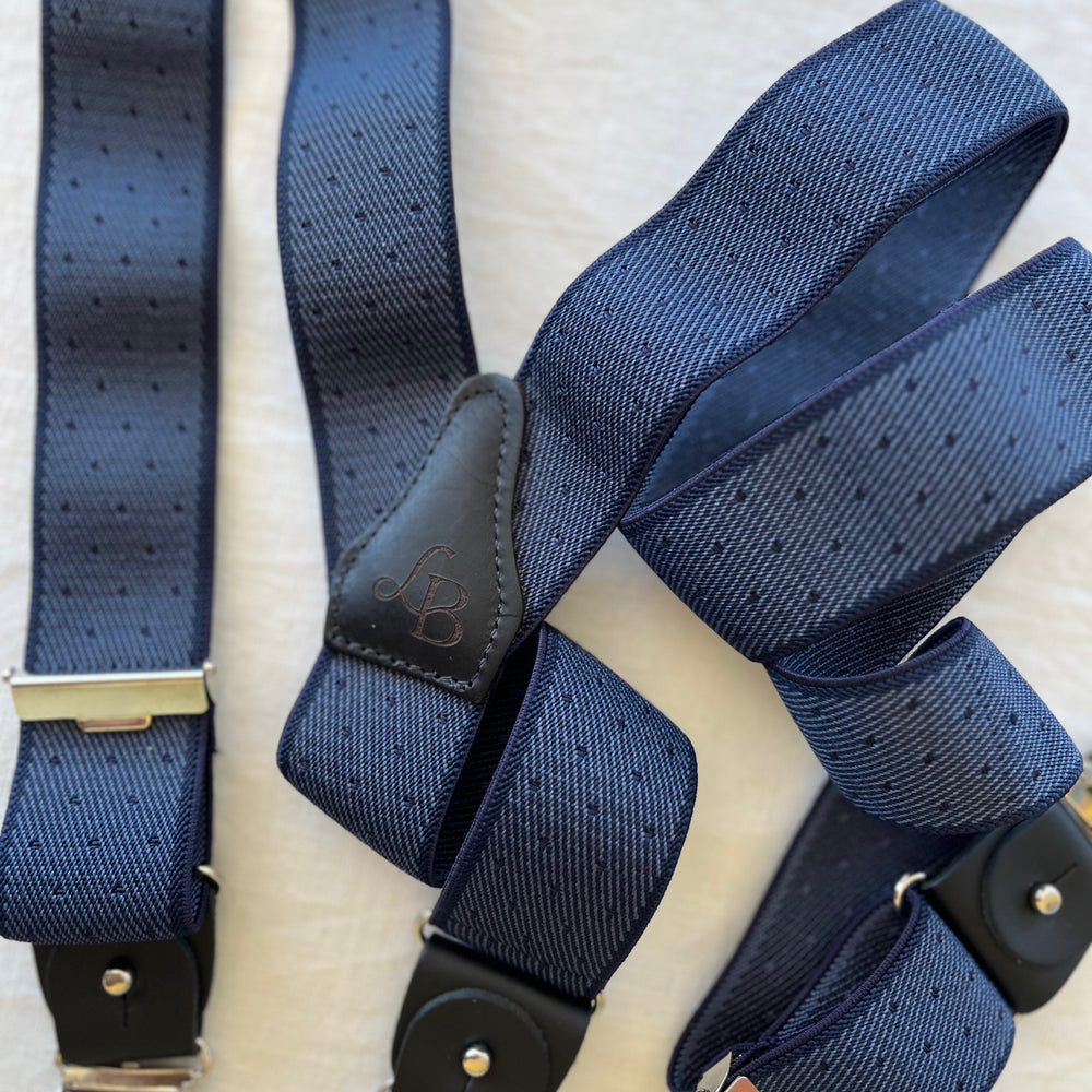 Bretelles homme patte cuir bleu marine pois Gustave ensemble