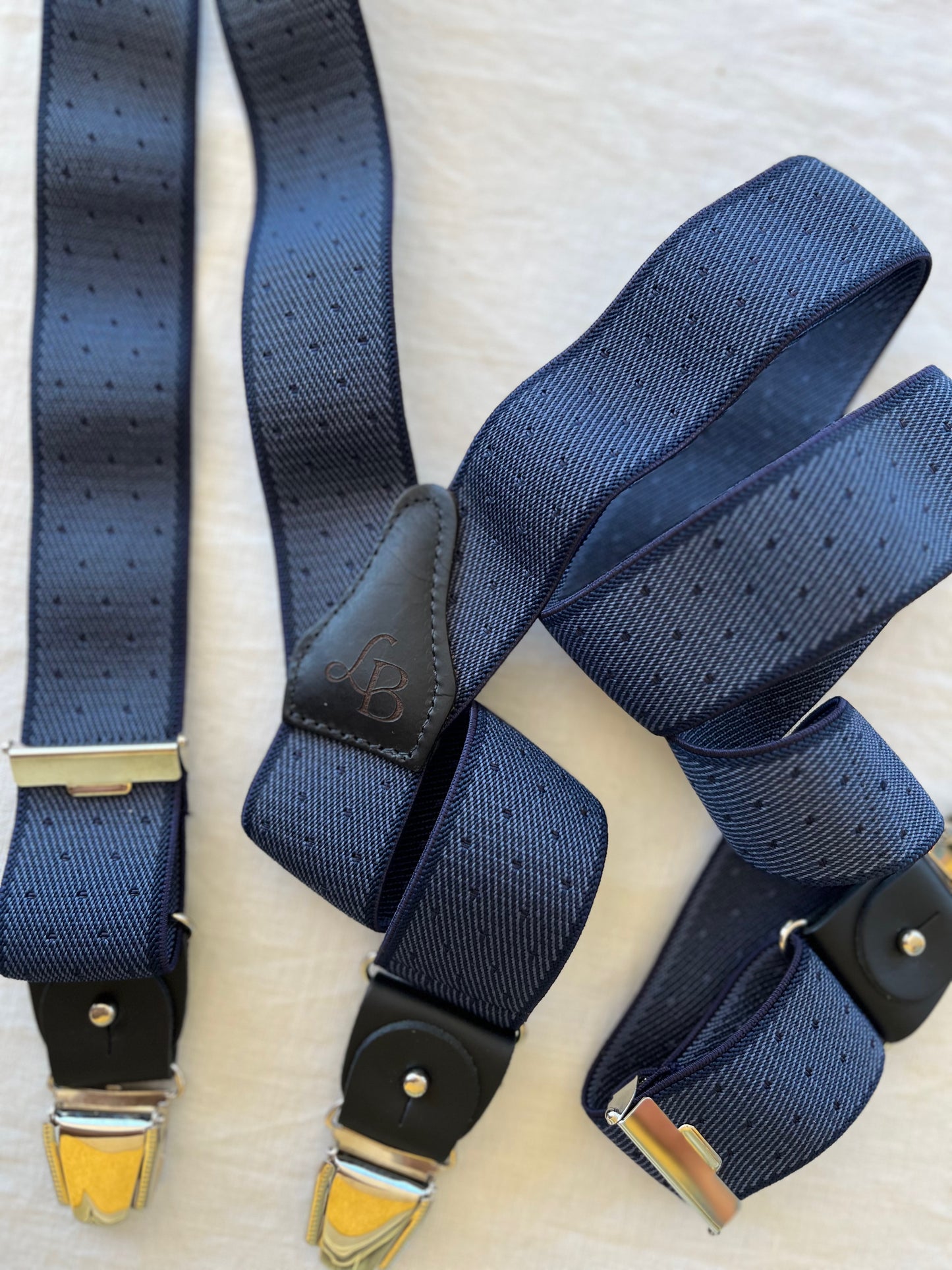 Bretelles homme patte cuir bleu marine pois Gustave ensemble