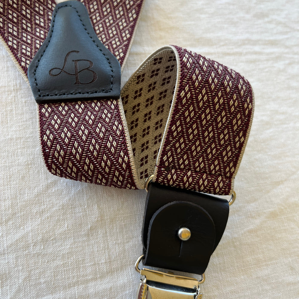 
                  
                    Bretelles homme patte cuir bordeaux losange quadrille Armand bande
                  
                