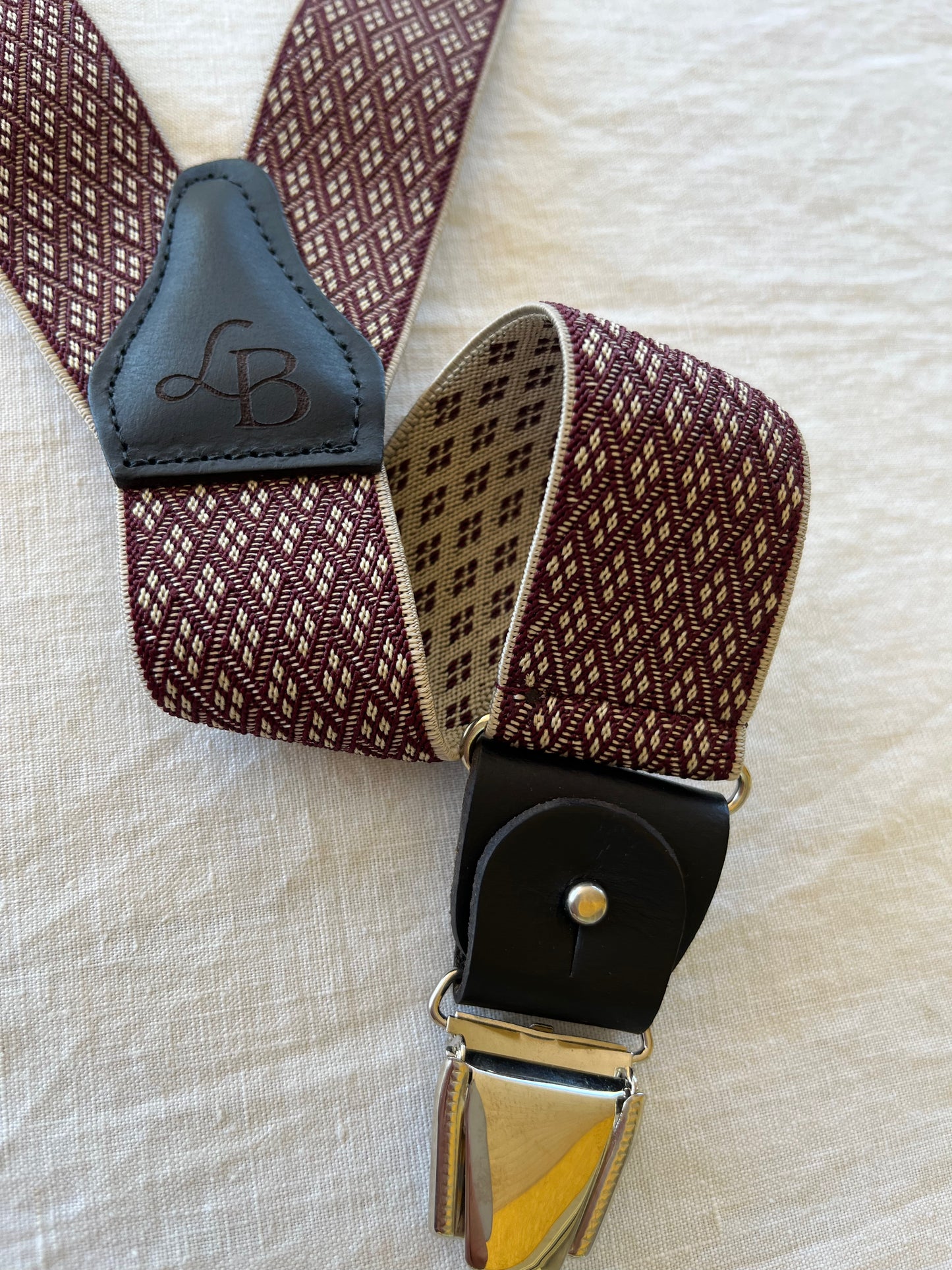 Bretelles homme patte cuir bordeaux losange quadrille Armand bande