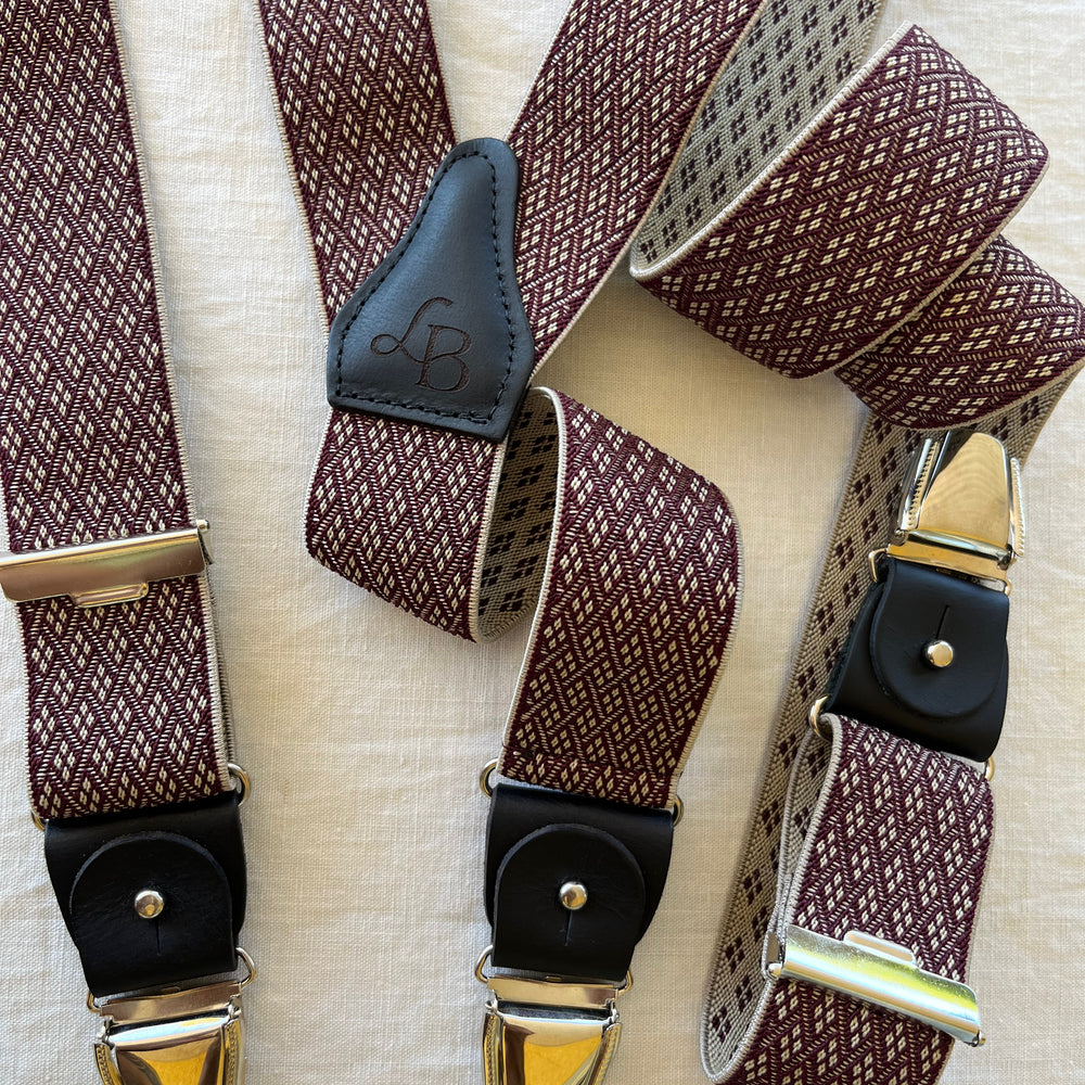 Bretelles homme patte cuir bordeaux losange quadrille Armand ensemble