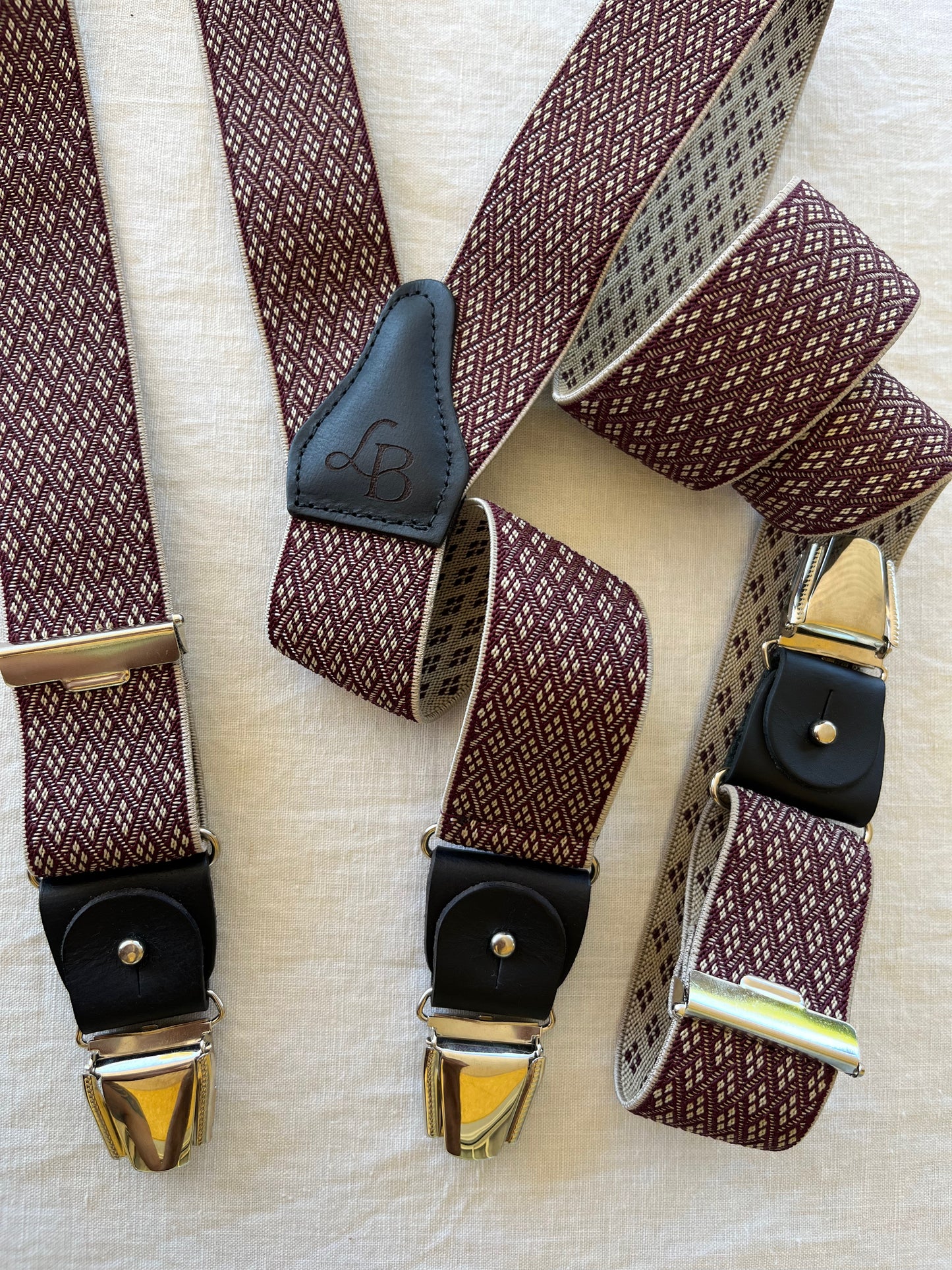 Bretelles homme patte cuir bordeaux losange quadrille Armand ensemble