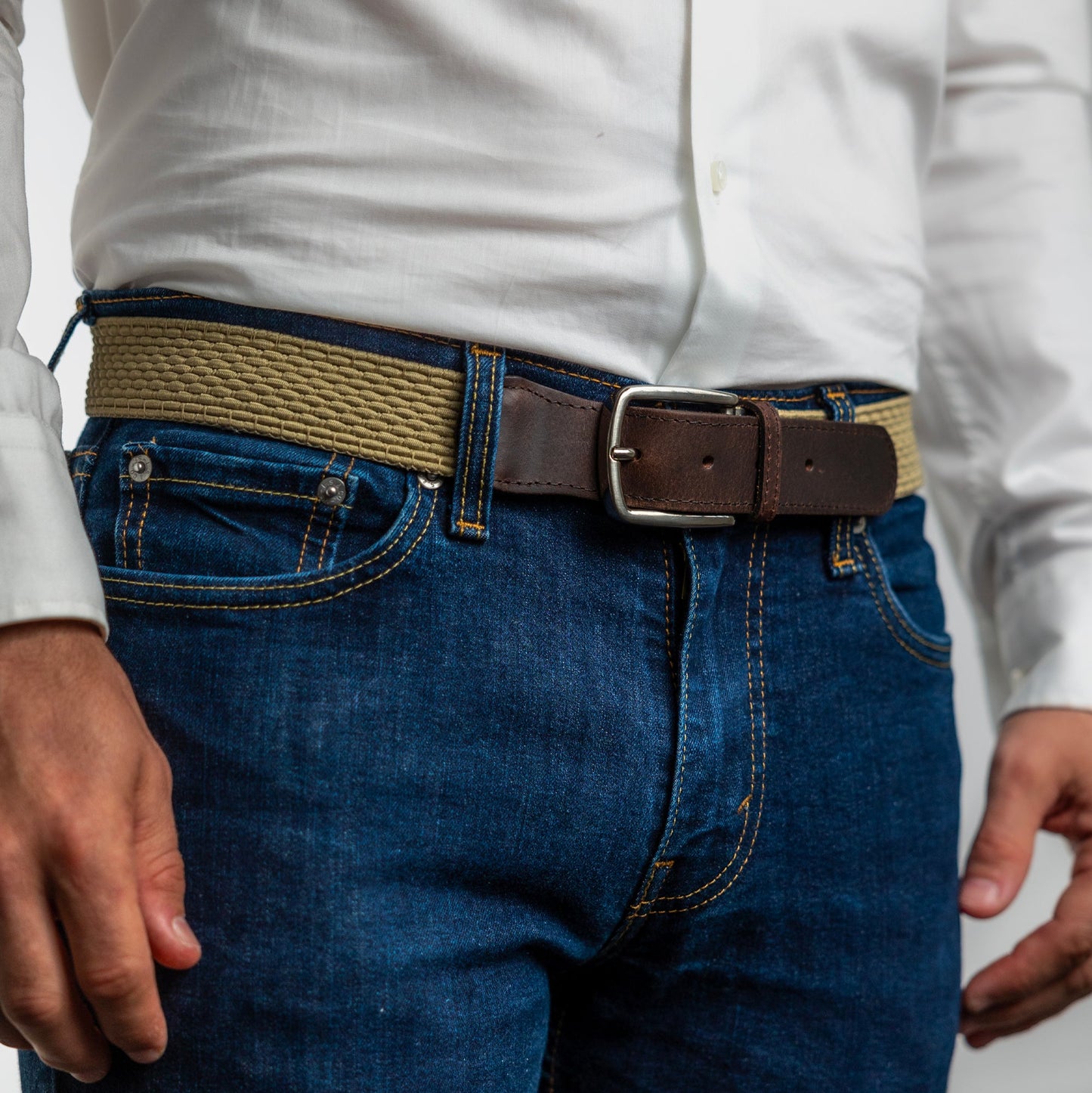 Ceinture tressee beige en tissu et cuir Axel pantalon