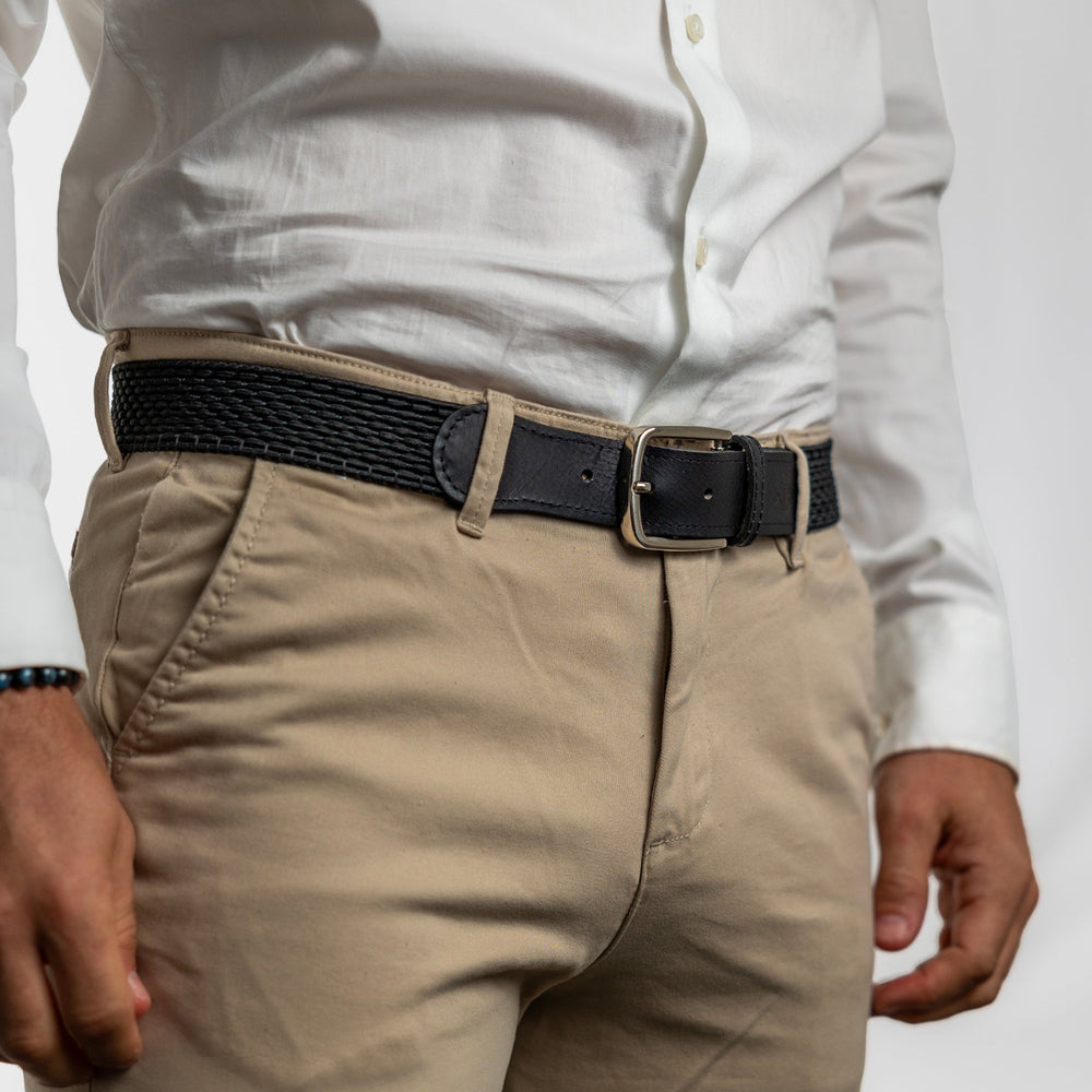 Ceinture tressee noire en tissu et cuir Tom pantalon