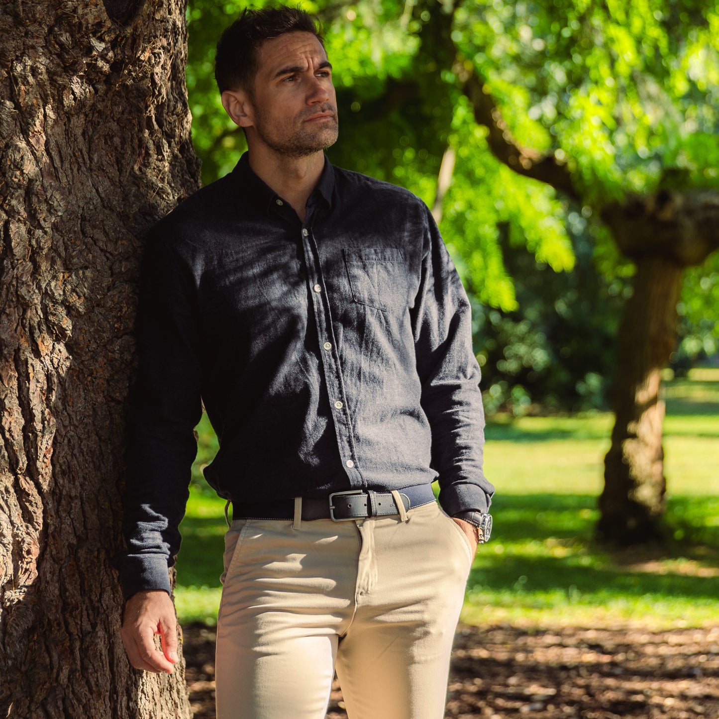 homme Ceinture bleu marine en tissu et cuir de Marcel