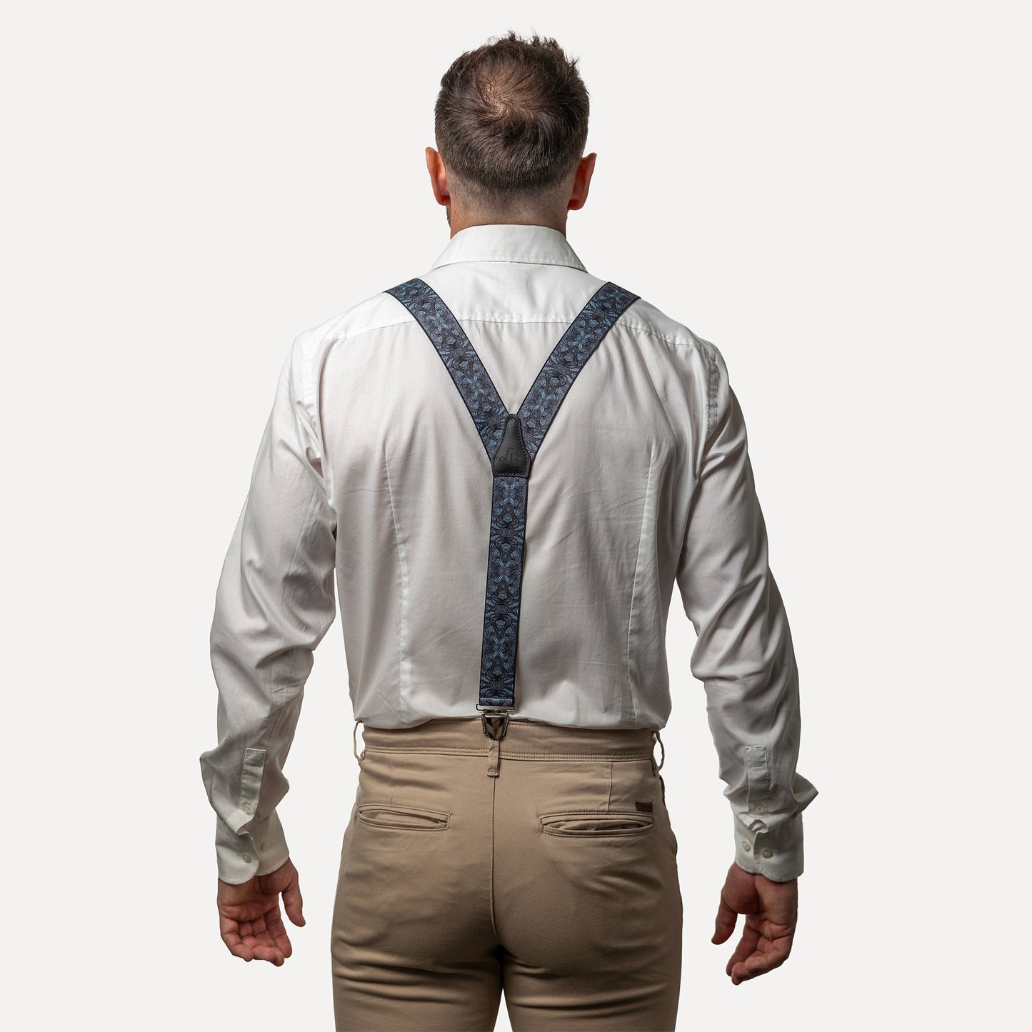 homme dos chemise blanc Bretelle fantaisie bleu grisé tête tigre pince