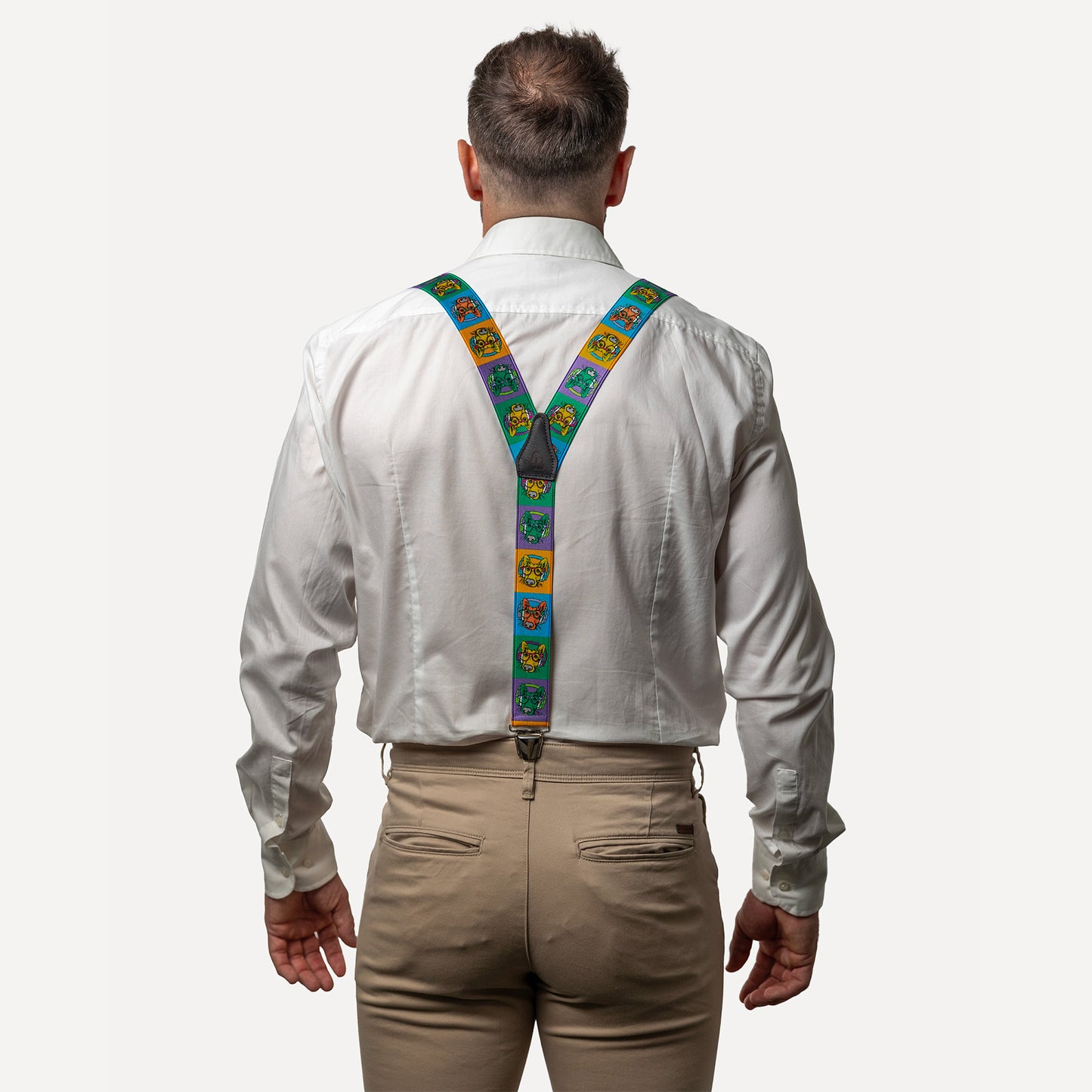 homme dos chemise blanc Bretelle fantaisie multicolor tête chien cartoon