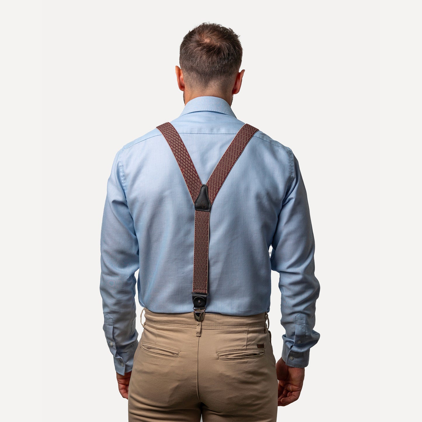 homme dos chemise bleue Bretelle patte cuir bordeaux losange quadrille Armand