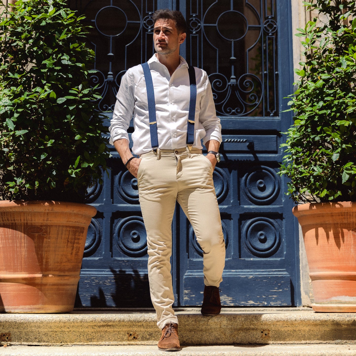homme exterieur chemise blanc Bretelle Unie Bleu Marine Charles