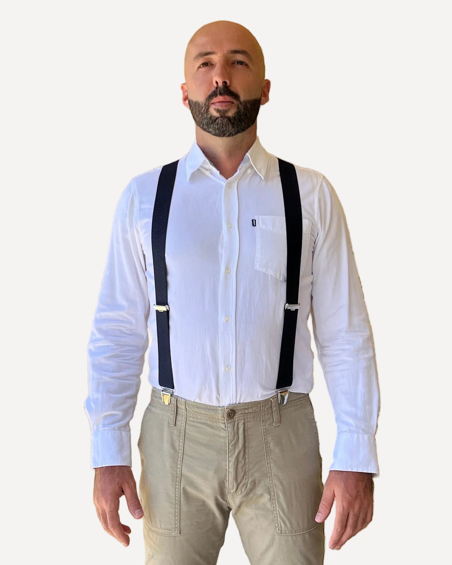 homme face chemise blanc Bretelle Unie bleue profond obscure Rainure Gedeon