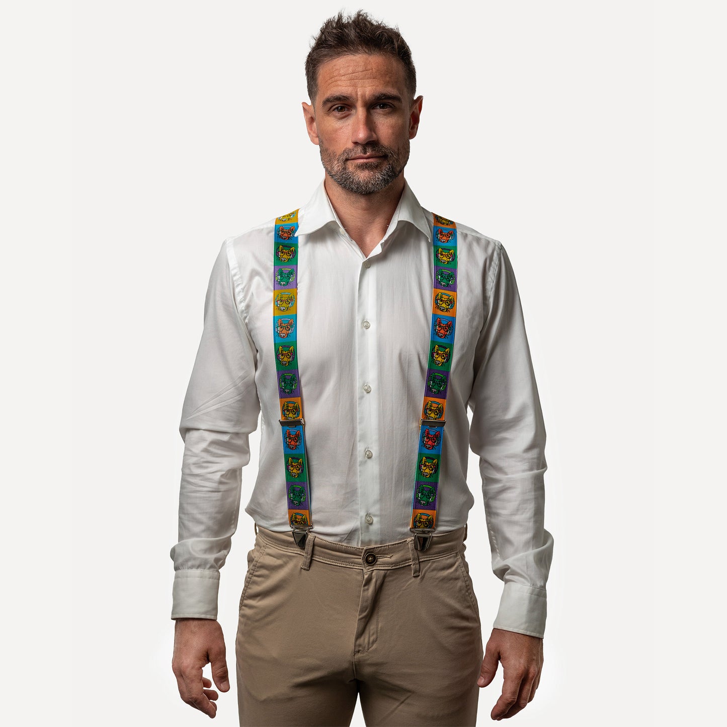 homme face chemise blanc Bretelle fantaisie multicolor tête chien cartoon