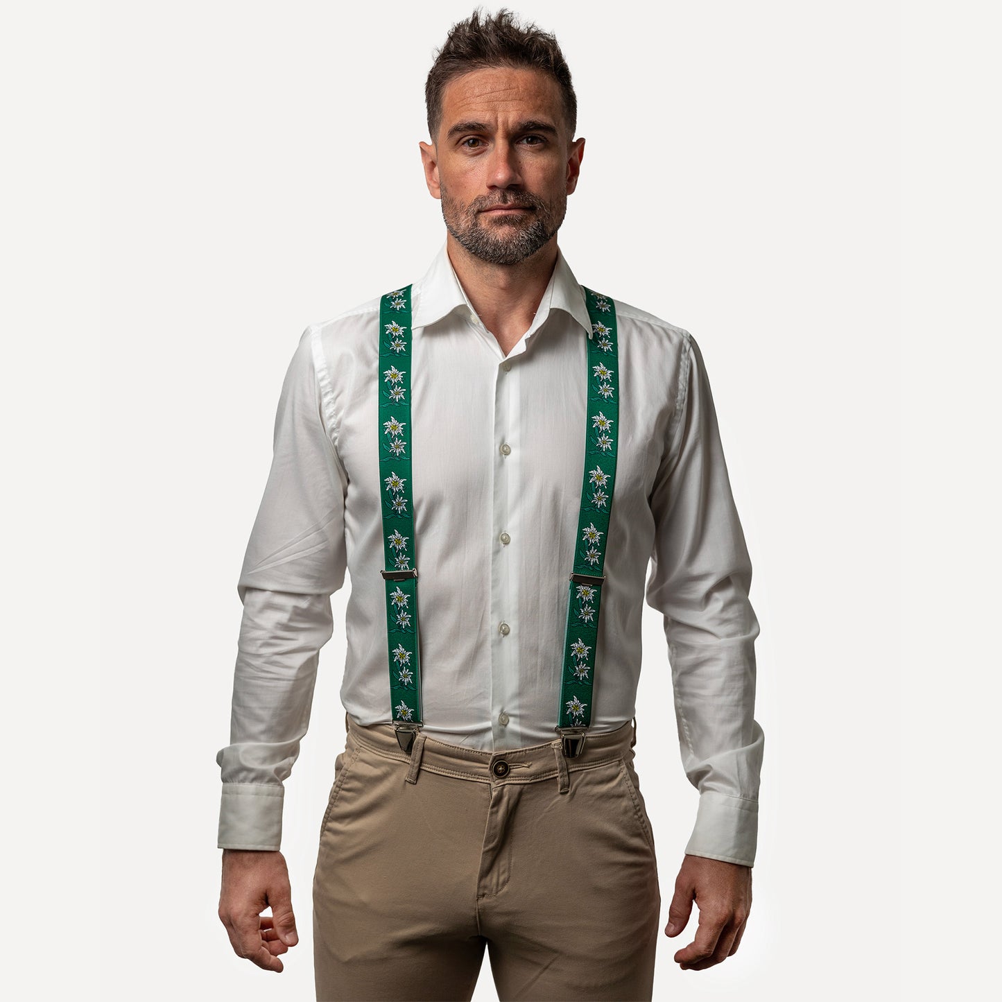 homme face chemise blanc Bretelle fantaisie vert fleur Sebastien