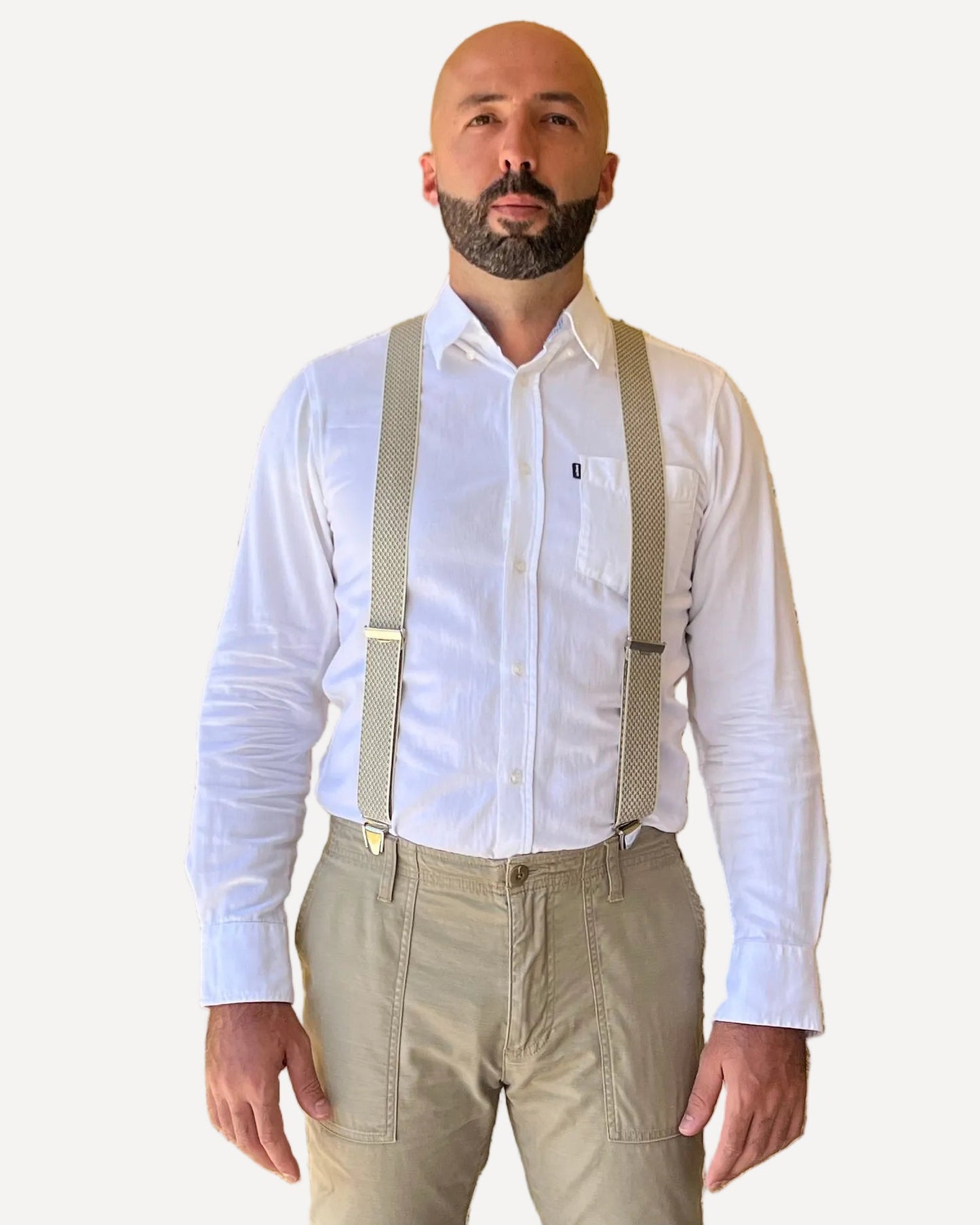 homme face chemise blanc Bretelles beige damier Aurele bande