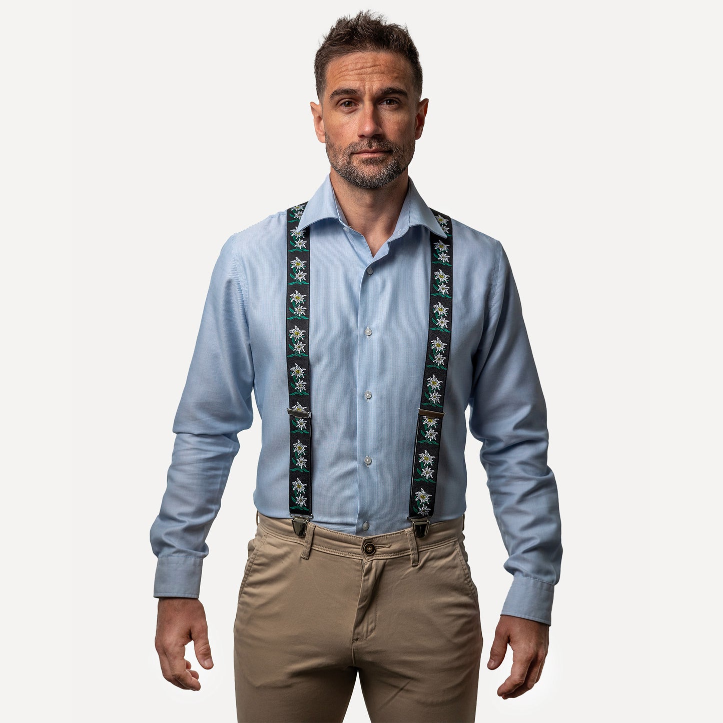 homme face chemise bleu Bretelle fantaisie bleu obscure fleur 
