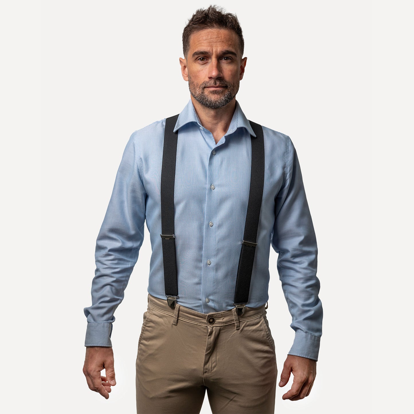 homme face chemise bleue Bretelle Unie Noir 
