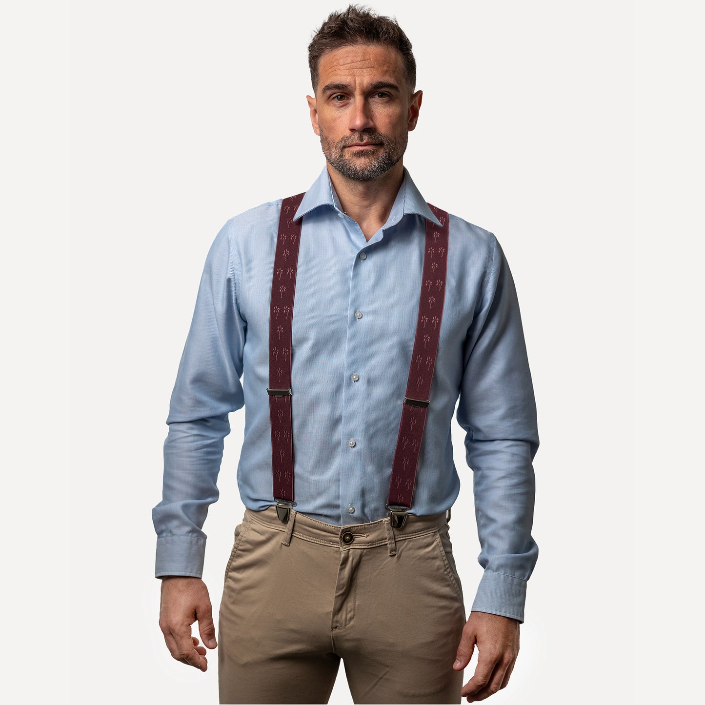 homme face chemise bleue Bretelle fantaisie bordeaux Palmier Matteo