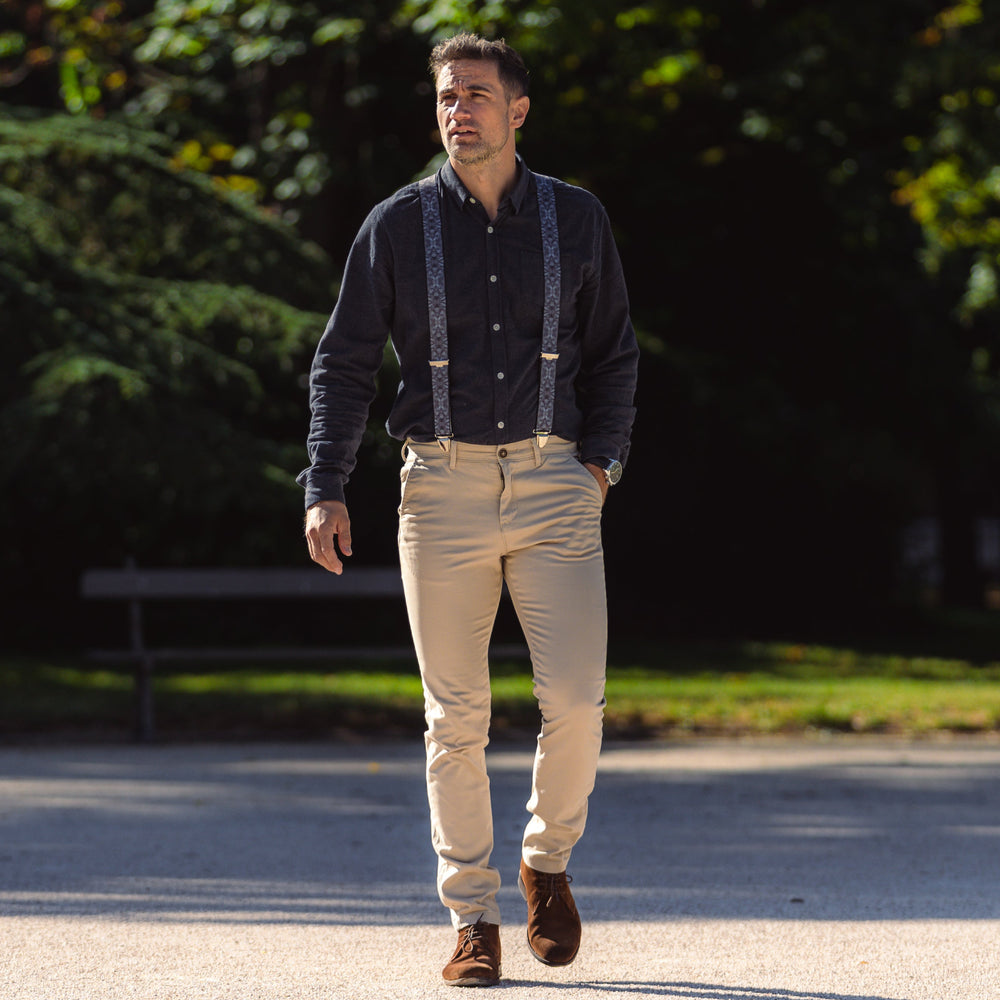 homme parc chemise bleur Bretelle fantaisie bleu grisé tête tigre pince Arthur
