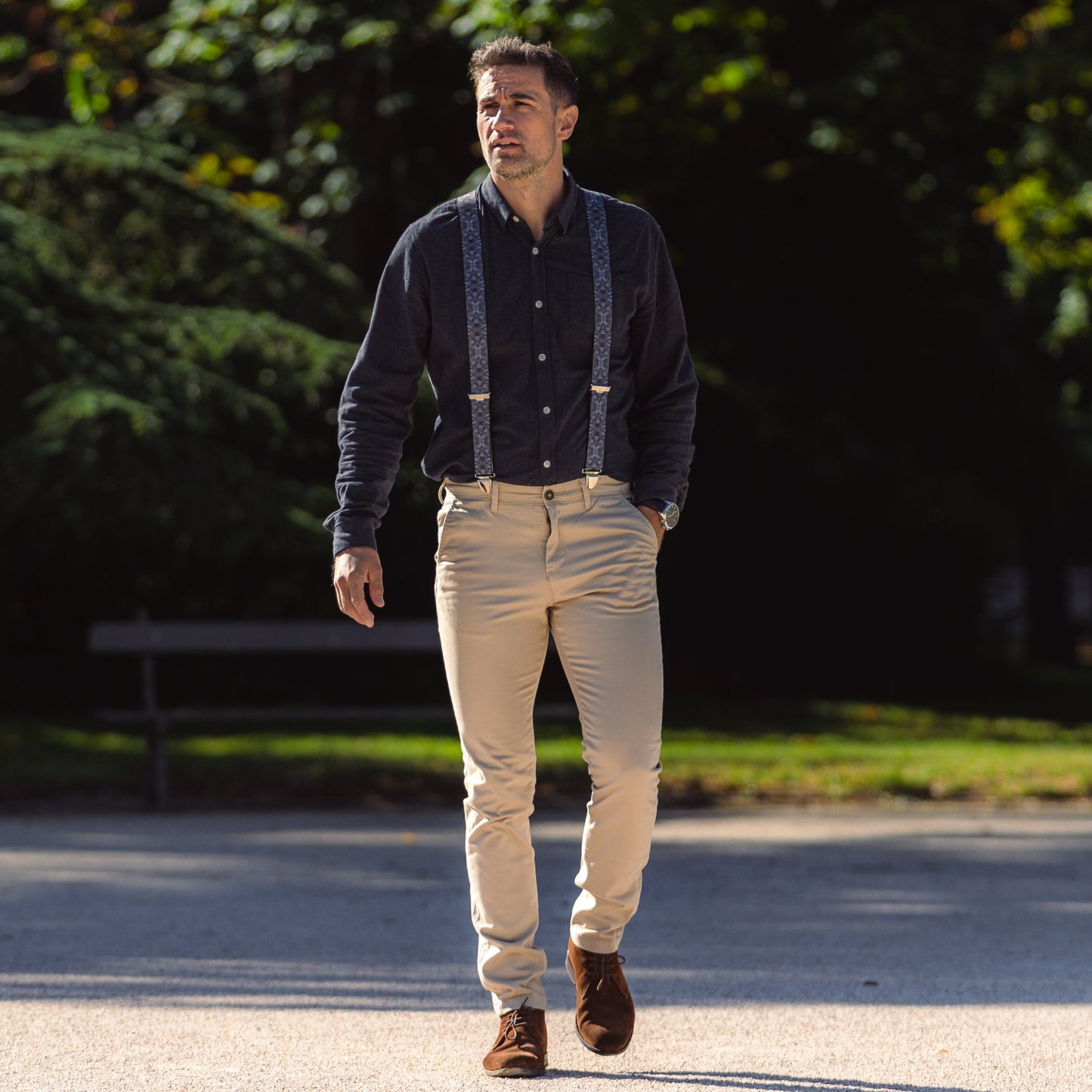 homme parc chemise bleur Bretelle fantaisie bleu grisé tête tigre pince Arthur
